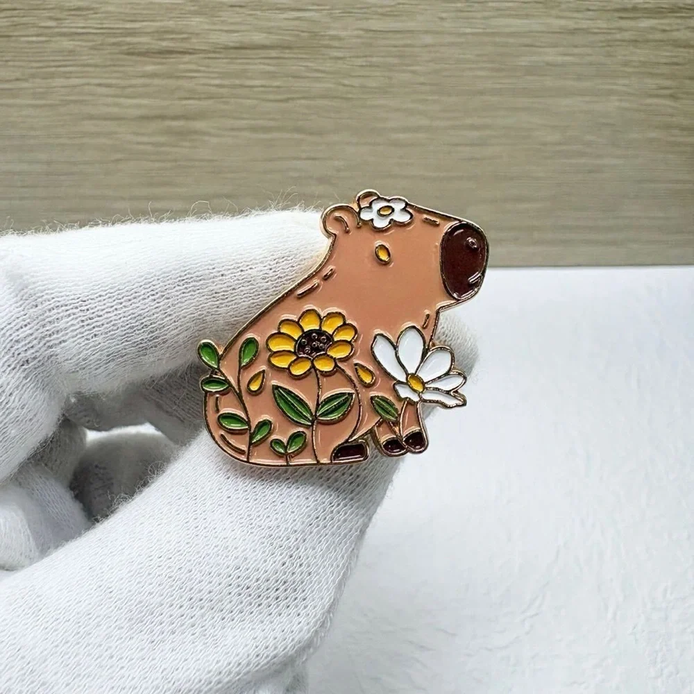 Women’s Jewelry Fun Cute Cartoon Brown Capybara with Floral Design Enamel Pin